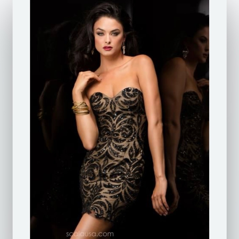 Scala Black Lace Sequin Strapless Cocktail Dress